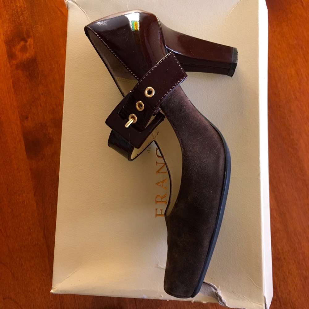 Gorgeous brown patent leather/suede heels, Franco Sarto, 3.25” heel, sz 8
